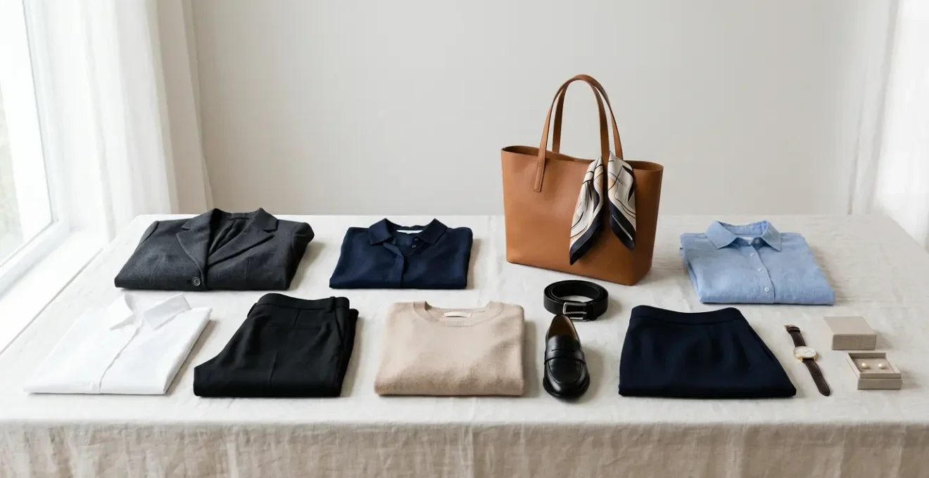 Professional minimalist work wardrobe essentials arranged with neutral color palette
