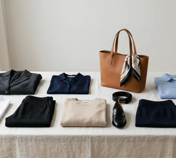 Professional minimalist work wardrobe essentials arranged with neutral color palette