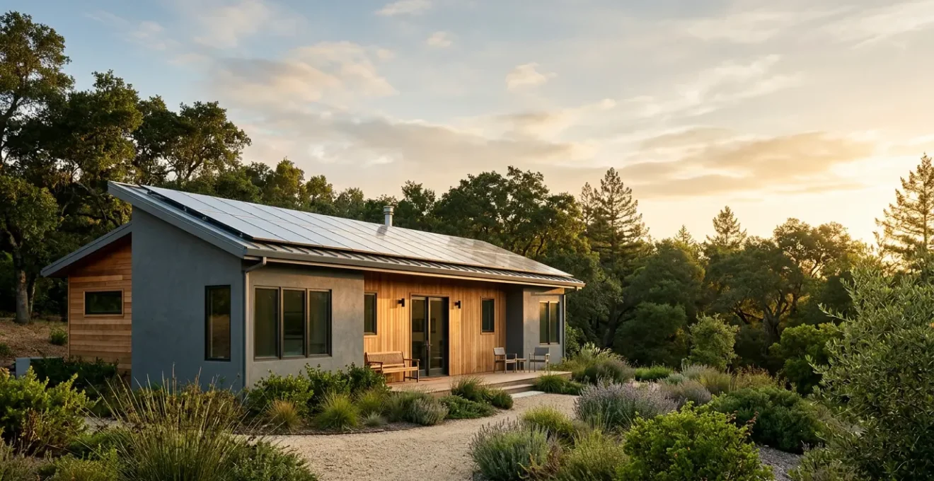 Modern energy-efficient home with sustainable features highlighting environmental responsibility