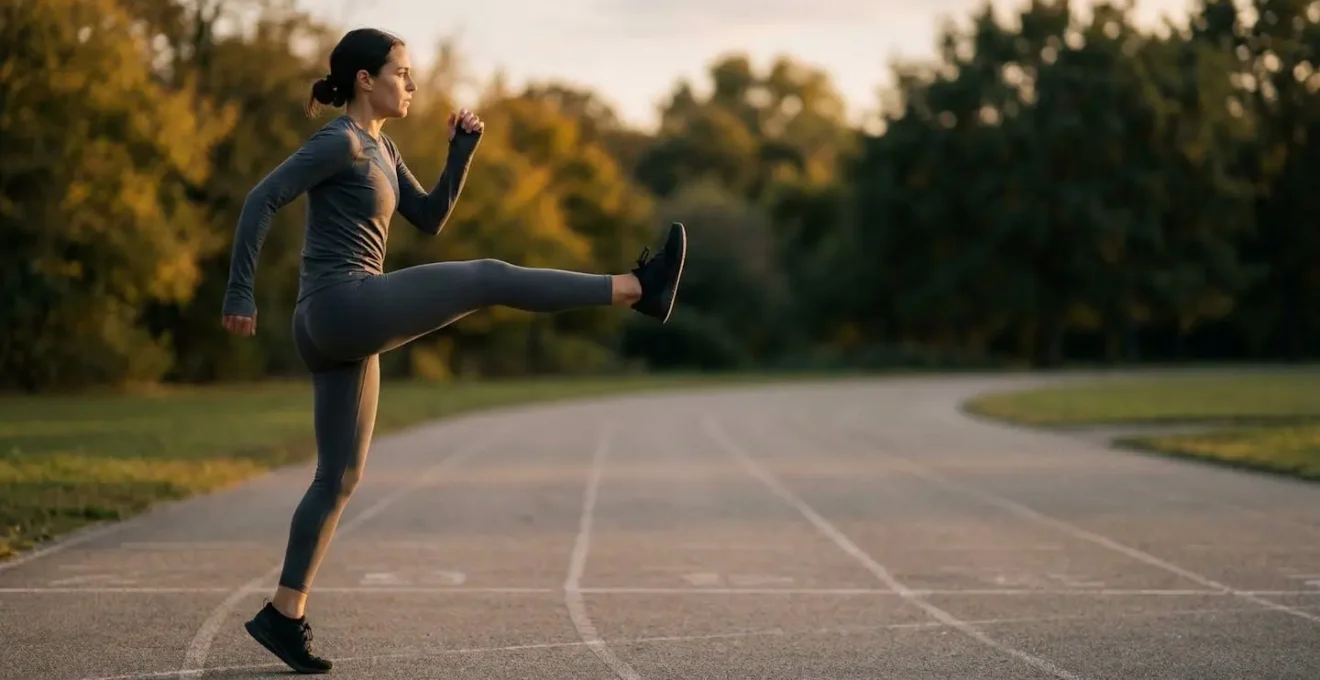 Runner performing dynamic warm-up movements before training session