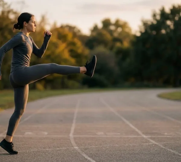 Runner performing dynamic warm-up movements before training session