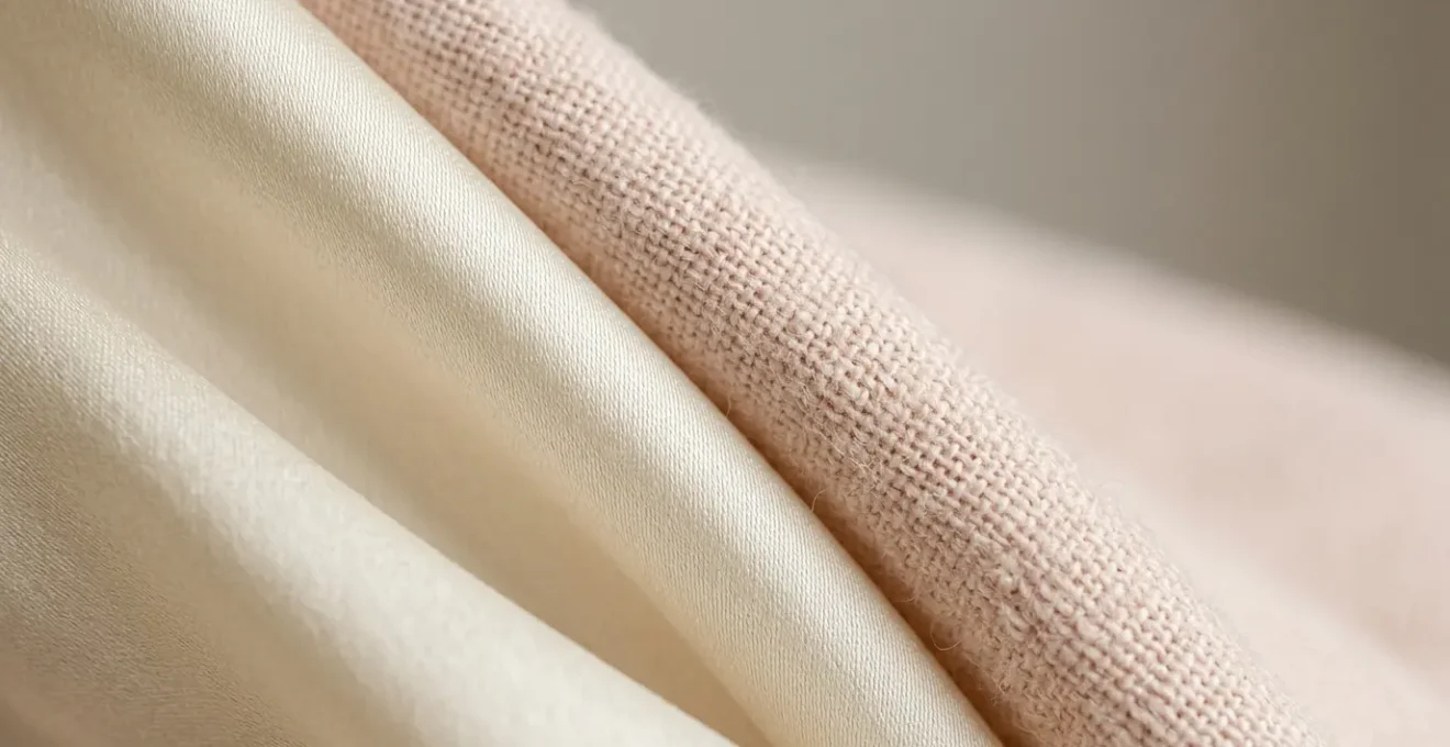 Close-up textural view of natural silk and cotton fabric fibers for eczema-prone sensitive skin