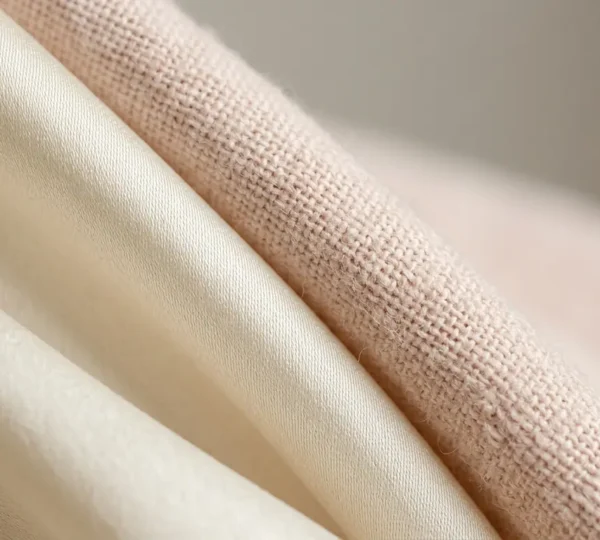 Close-up textural view of natural silk and cotton fabric fibers for eczema-prone sensitive skin
