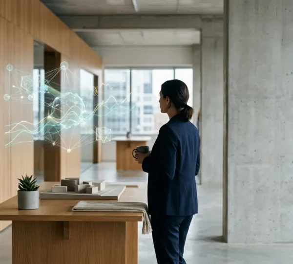Small business owner analyzing customer behavior data with AI-powered predictive analytics dashboard