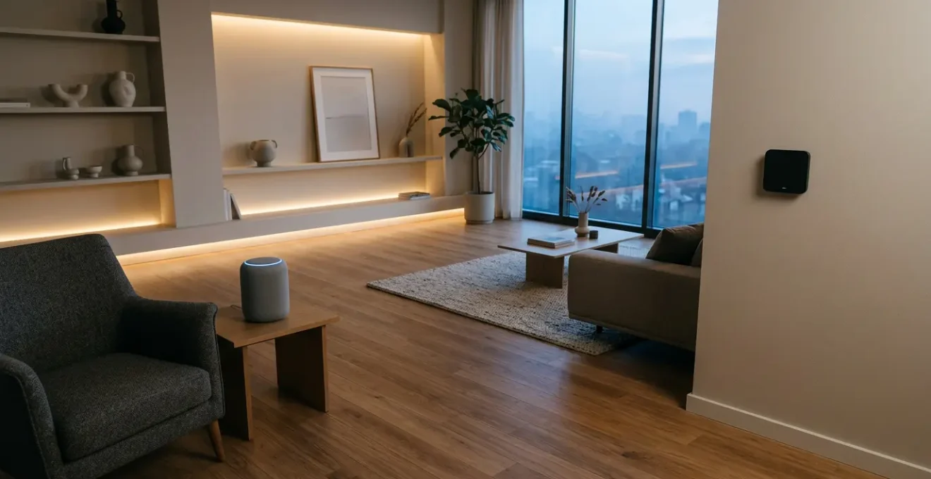 Modern smart home network security visualization showing connected devices and digital protection layers