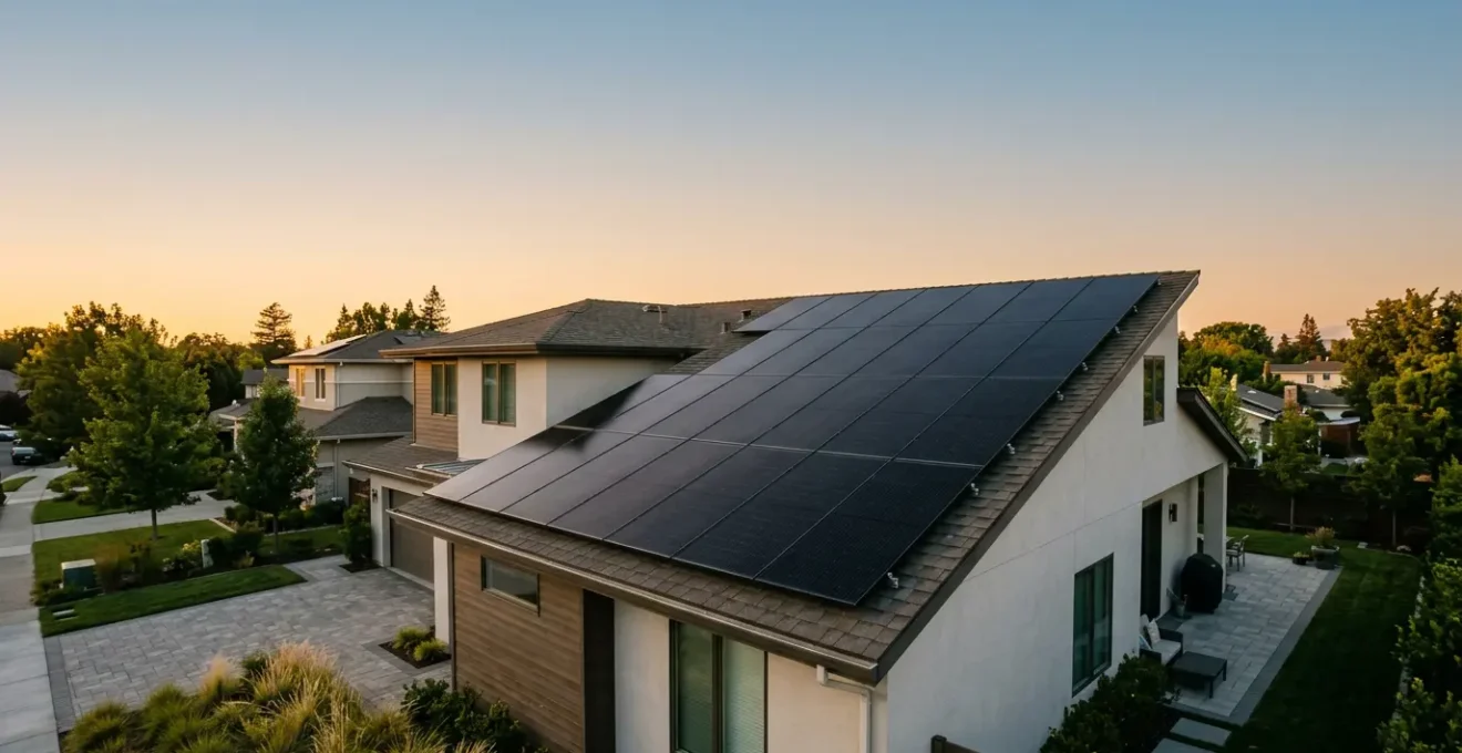 Professional solar panel ROI analysis showing residential rooftop installation with financial planning elements