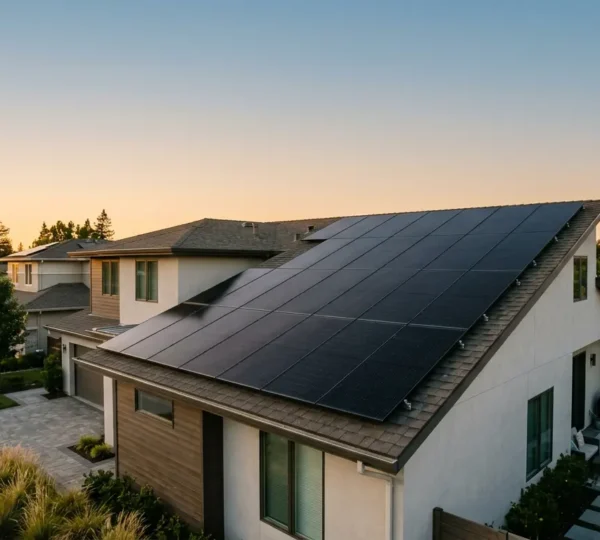 Professional solar panel ROI analysis showing residential rooftop installation with financial planning elements