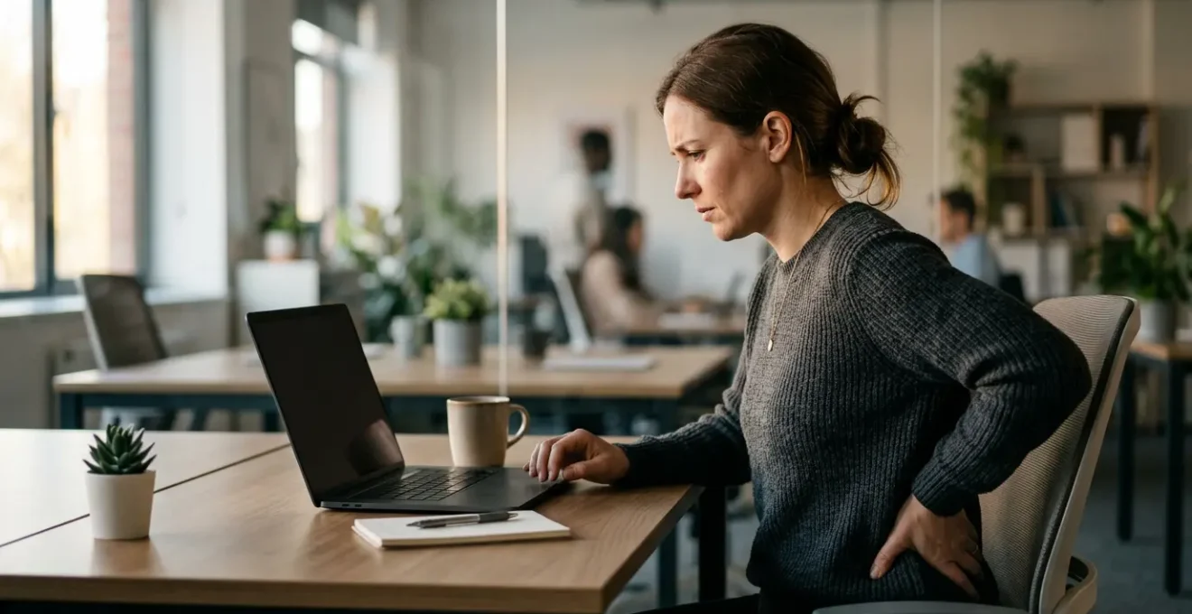 Professional experiencing tension and back discomfort while working under deadline pressure