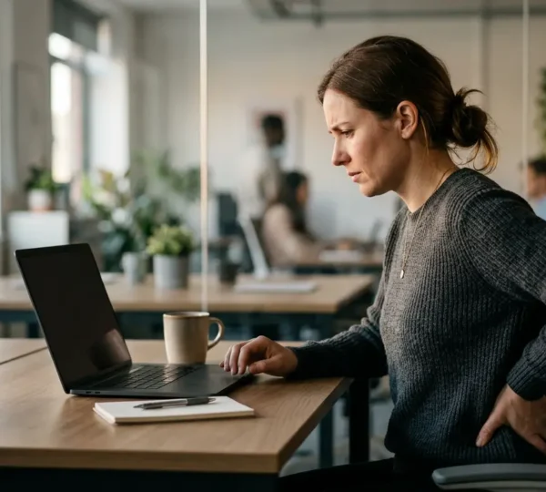 Professional experiencing tension and back discomfort while working under deadline pressure