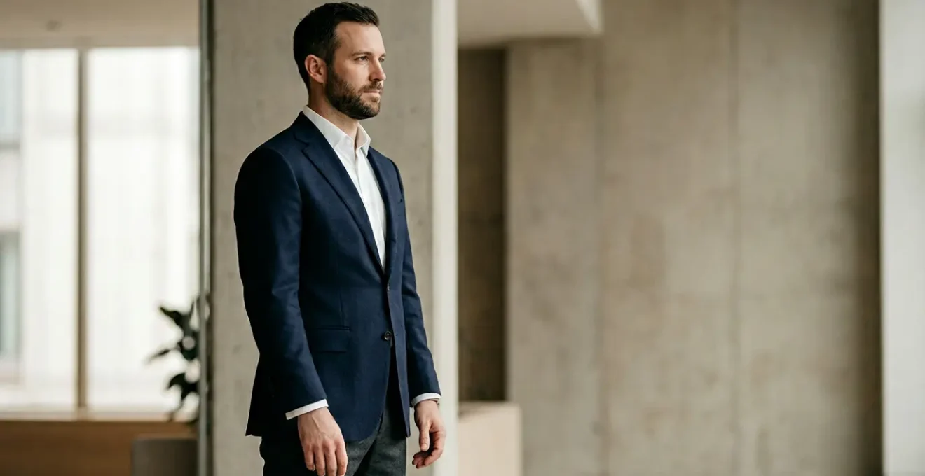 Professional blazer fitting session showcasing proper shoulder alignment and sleeve length for optimal body proportions