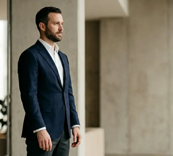 Professional blazer fitting session showcasing proper shoulder alignment and sleeve length for optimal body proportions