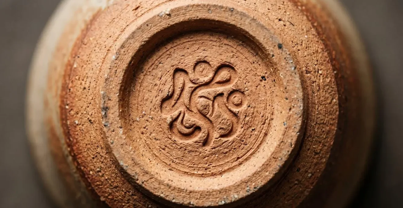 Extreme macro view of authentic studio pottery base showing unglazed foot with maker's mark and natural clay texture revealing handmade craftsmanship