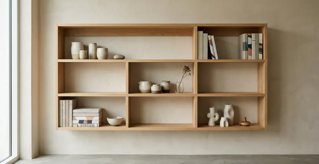 Clean open shelving with curated objects arranged using negative space and intentional grouping without visual clutter