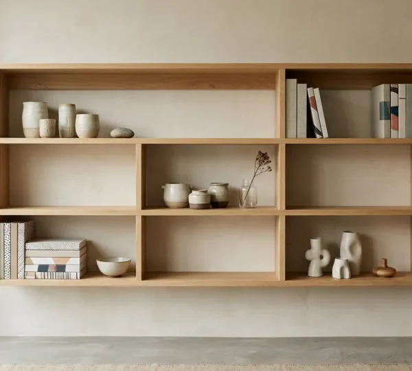 Clean open shelving with curated objects arranged using negative space and intentional grouping without visual clutter