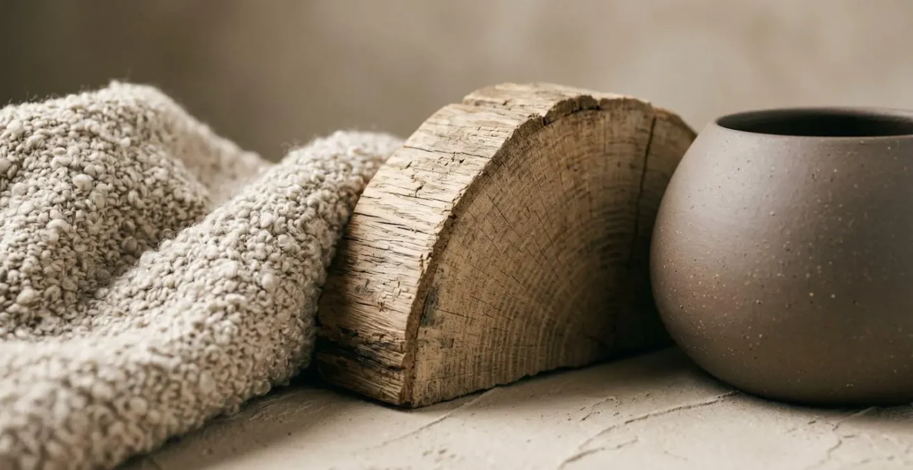 Close-up of varied textures in a beige room including bouclé fabric, raw wood, and smooth ceramic creating visual interest through tactile contrast