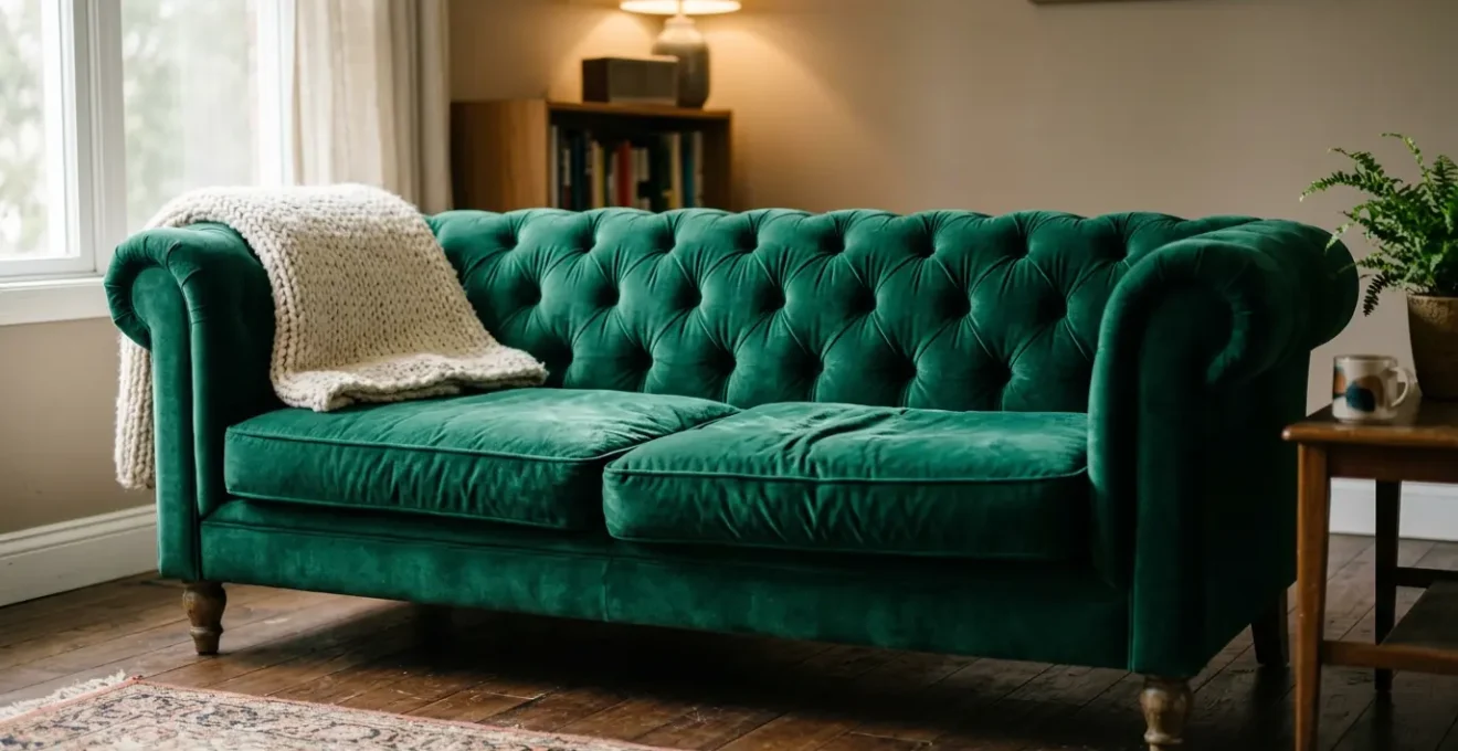 Luxurious velvet sofa in a warm family living room with natural light and cozy atmosphere