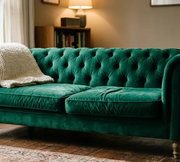 Luxurious velvet sofa in a warm family living room with natural light and cozy atmosphere
