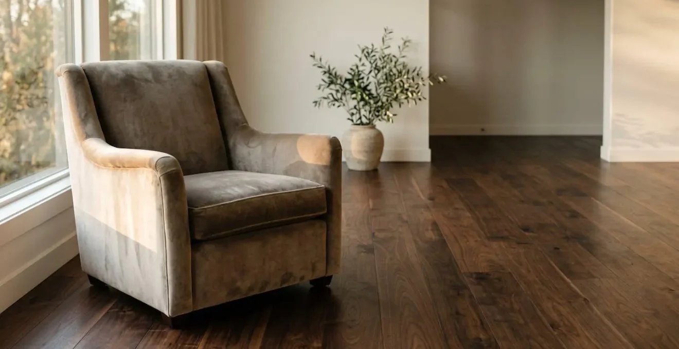 Velvet upholstery in warm greige tone catching natural light against dark wood flooring
