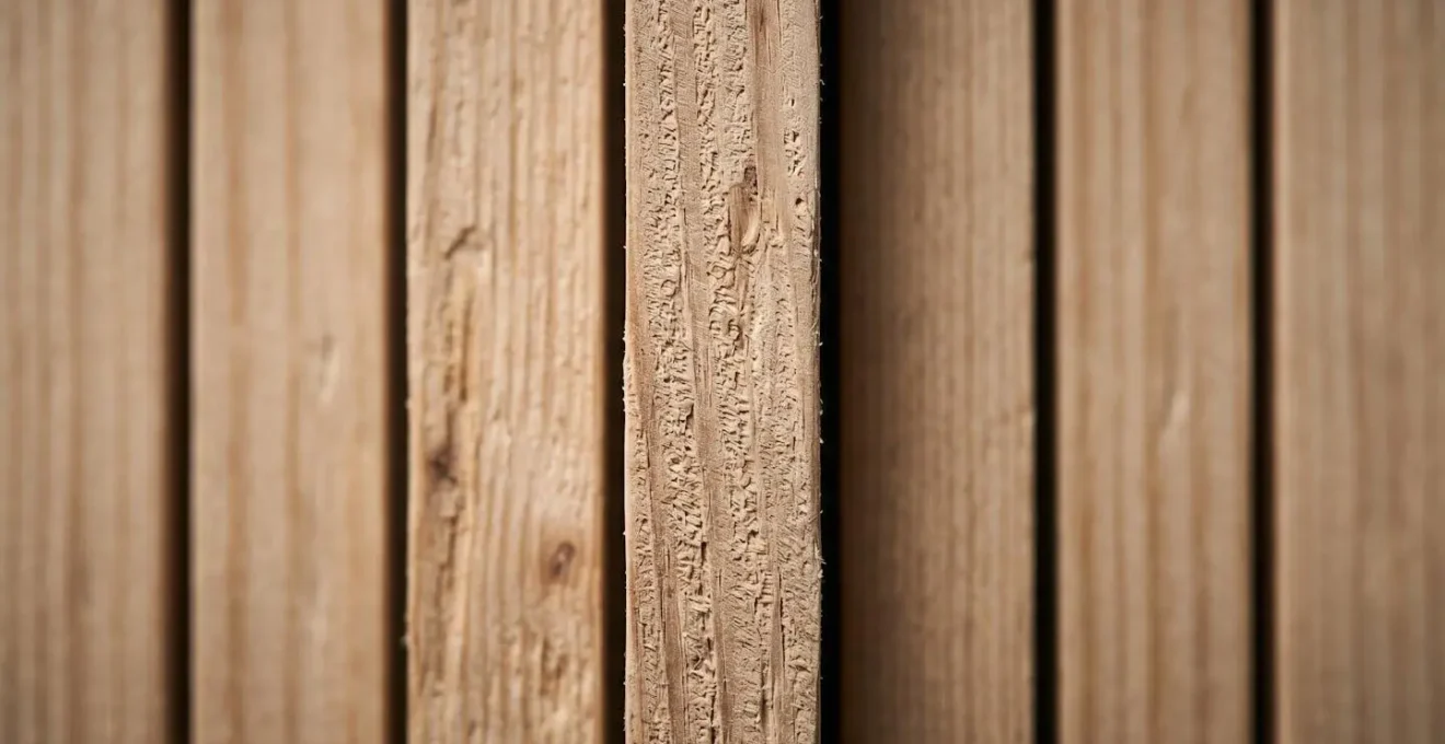 Extreme close-up of vertical wood paneling showing spacing rhythm and texture that creates upward visual movement