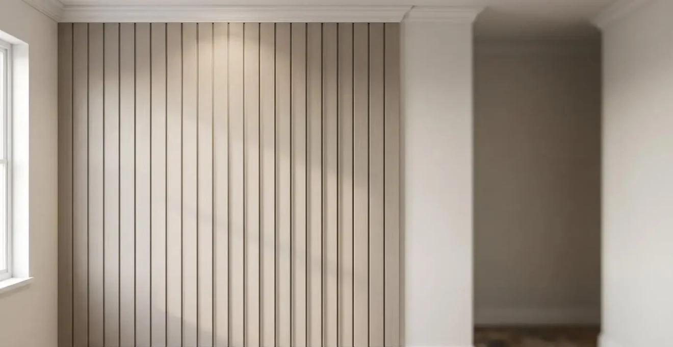 Interior design photograph showing vertical wall paneling creating forced perspective and perceived height increase in a small room through linear visual guidance