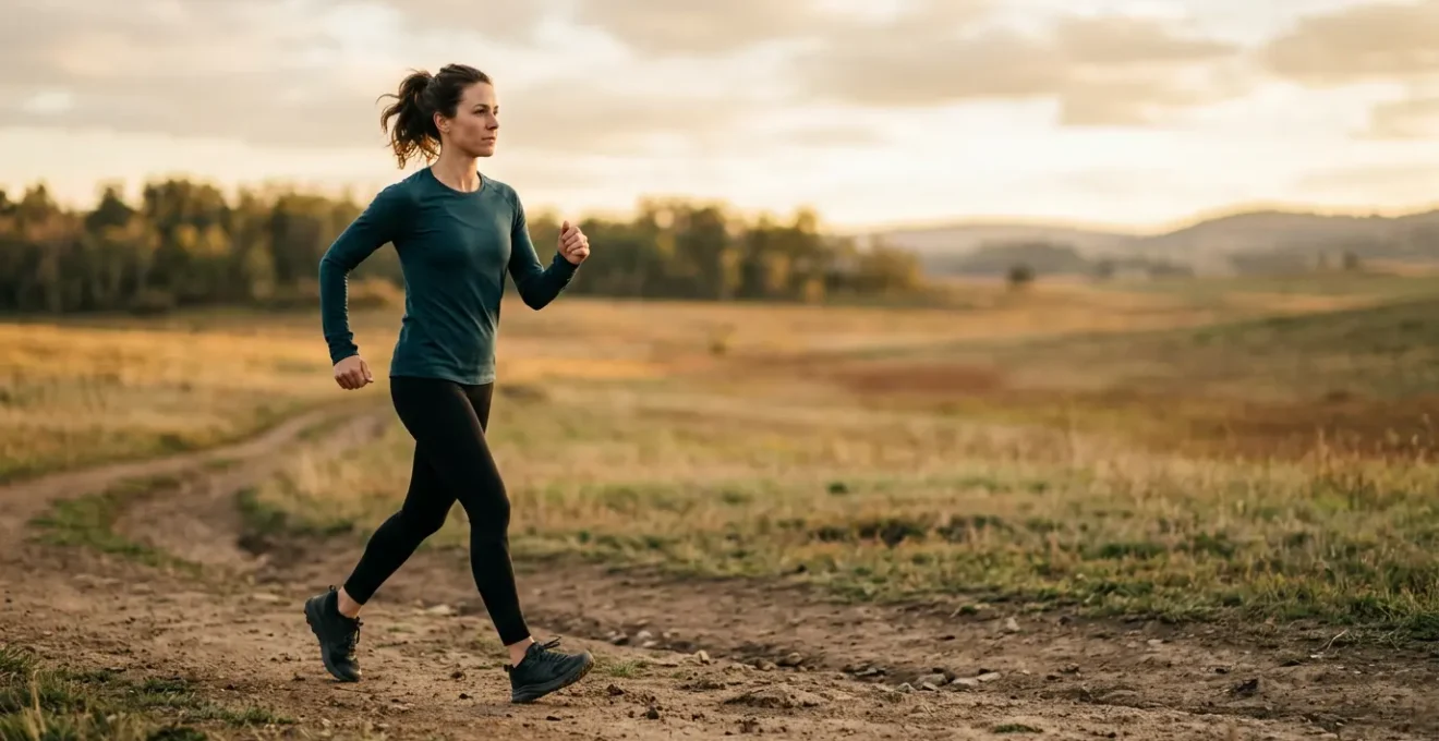 Person walking outdoors with proper posture in natural environment emphasizing joint-friendly low-impact exercise