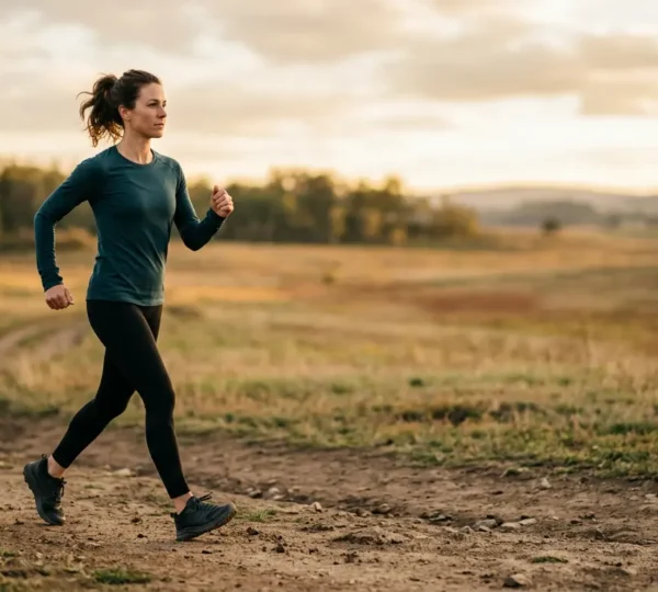 Person walking outdoors with proper posture in natural environment emphasizing joint-friendly low-impact exercise