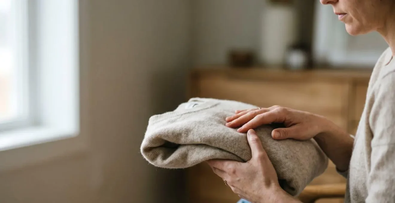 Hands gently holding a cherished clothing item in soft natural light showing the emotional decision-making process