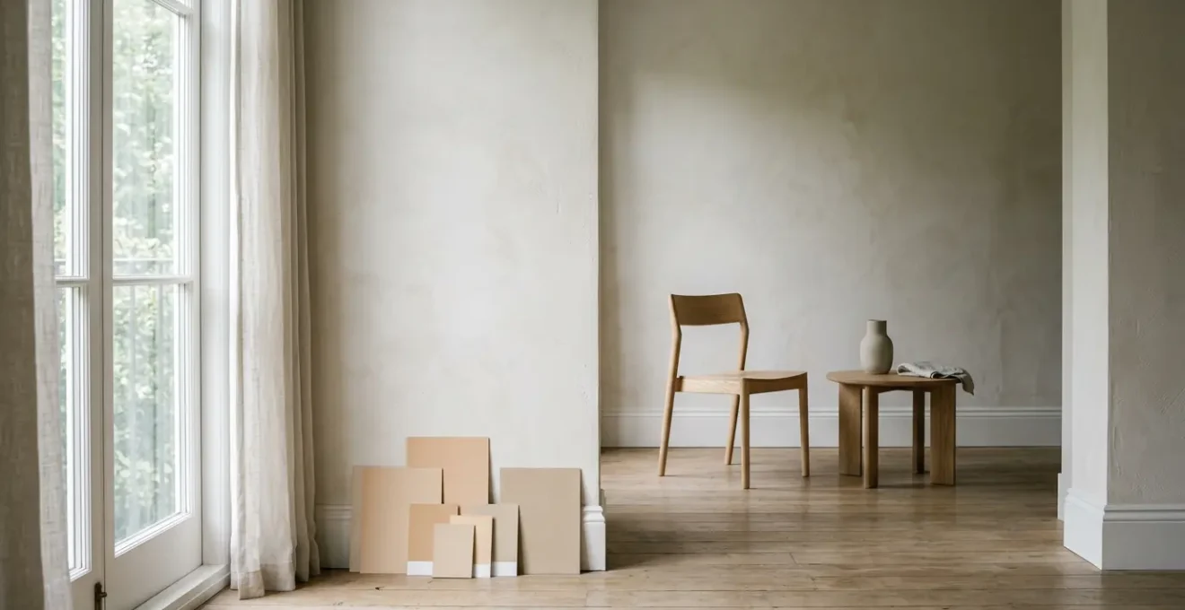 Professional editorial photograph showing a north-facing room interior bathed in soft cool daylight with warm undertone paint swatches comparison