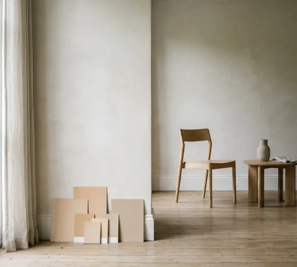 Professional editorial photograph showing a north-facing room interior bathed in soft cool daylight with warm undertone paint swatches comparison