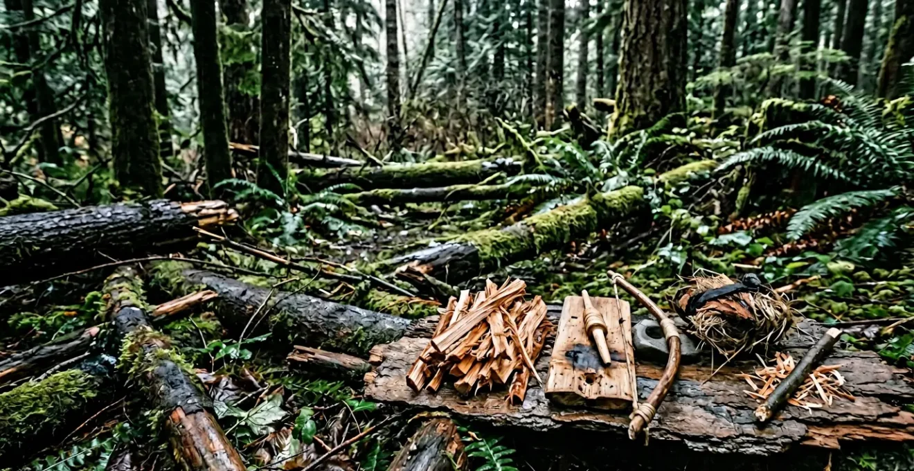 Survival fire starting demonstration in challenging wet wilderness conditions