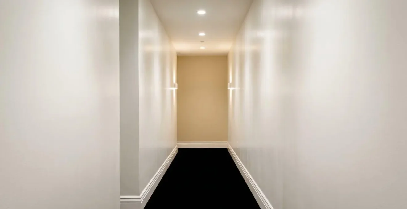 Architectural photograph of a windowless hallway with clean off-white walls and strategic end-wall color creating depth perception through lighting design