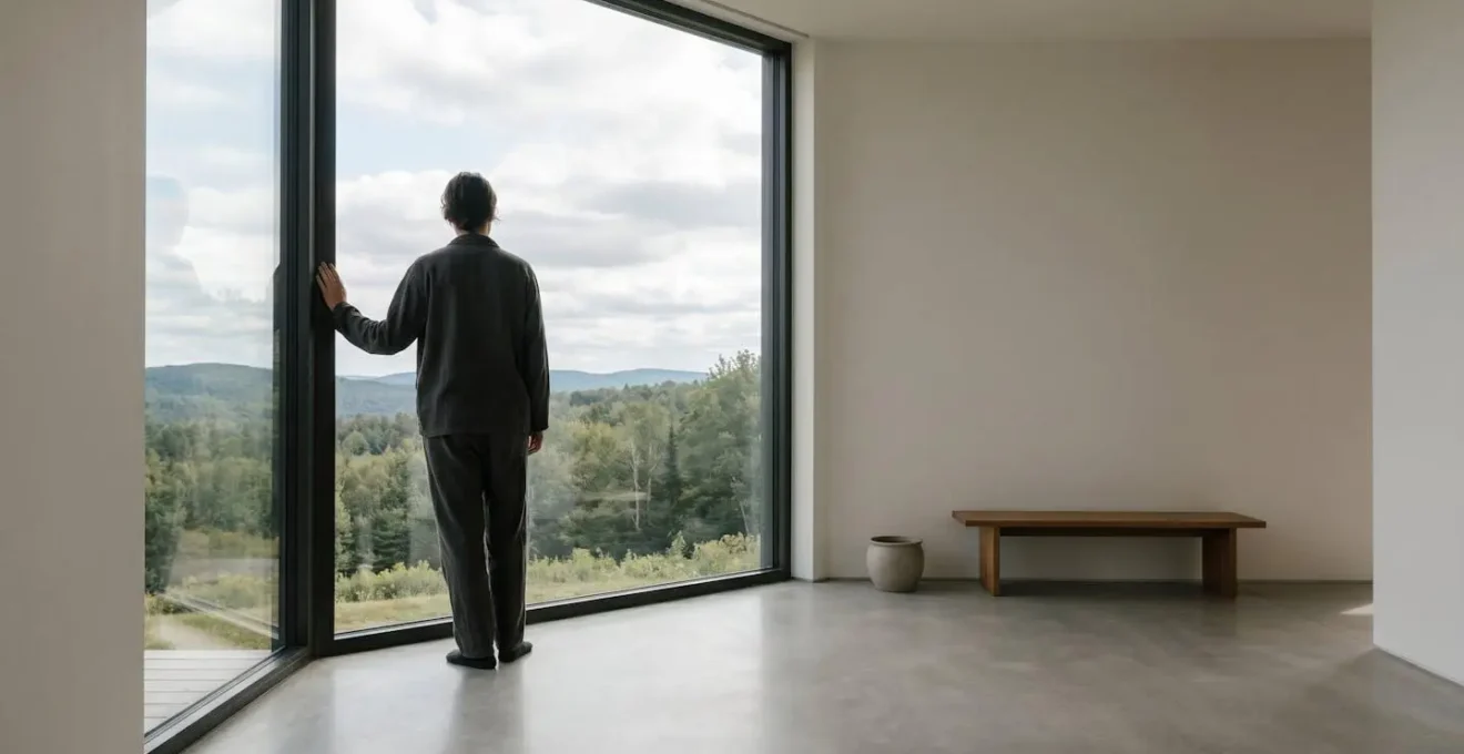 A professional experiencing a moment of calm sensory reset in a minimal work environment