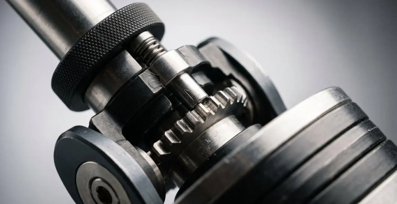 Extreme close-up macro photograph showing the precision internal mechanism and metal texture of adjustable dumbbell locking system
