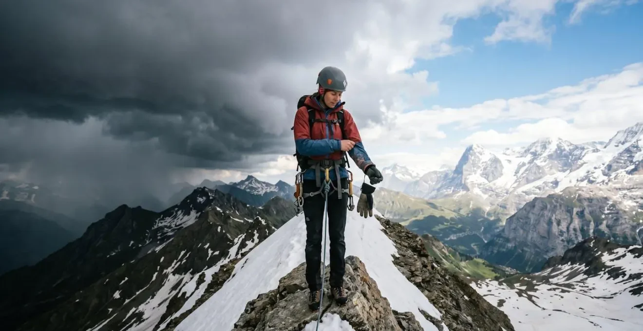 Mountaineer at critical turnaround point checking gear and weather conditions on exposed ridge