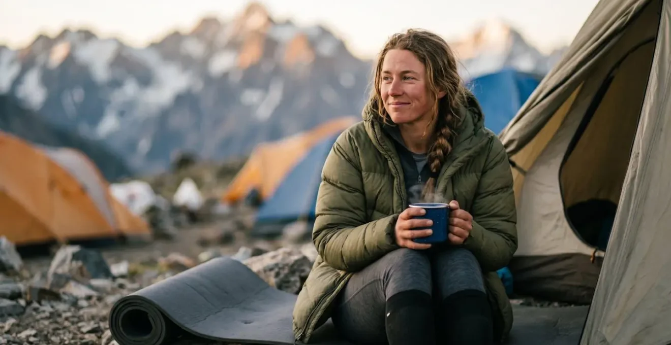 Climber resting at lower altitude camp with insulated layers after high-altitude push