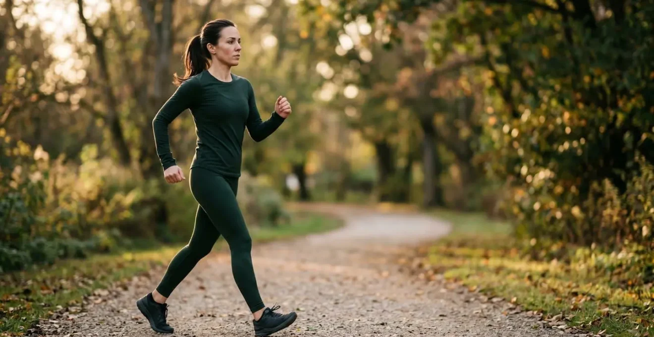 Mid-shot of person demonstrating proper brisk walking form with natural arm swing and athletic stride