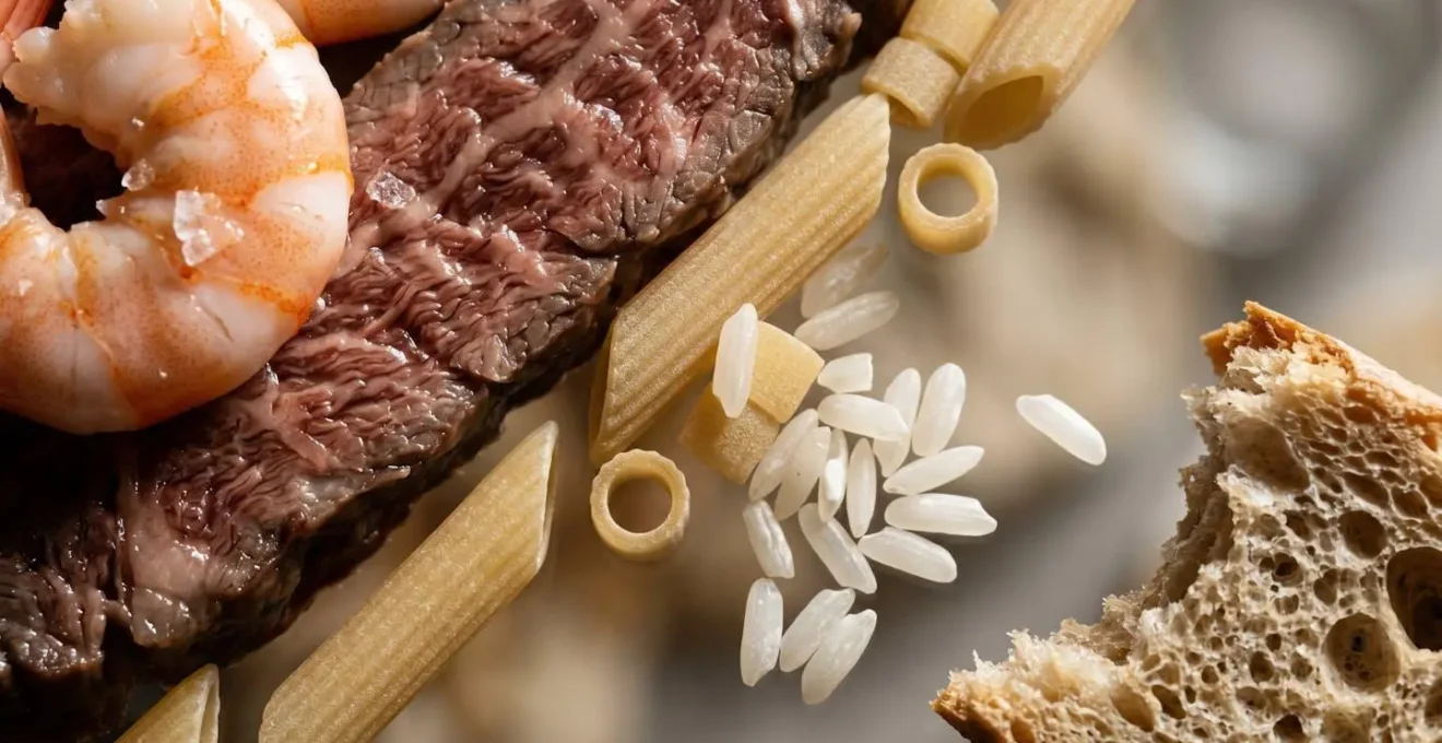Macro close-up photograph of buffet ingredients showing contrast between premium seafood and budget-friendly pasta fillers