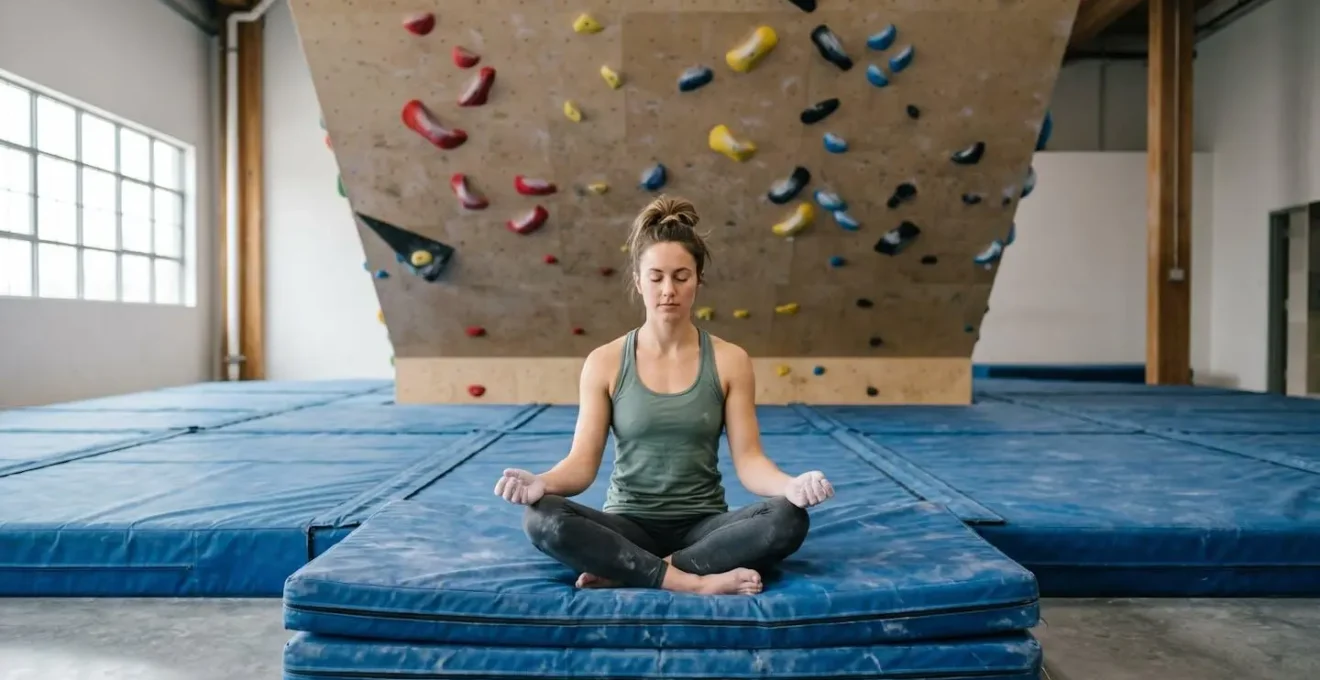 Climber seated on crash pad with eyes closed in focused mental rehearsal during strategic rest period
