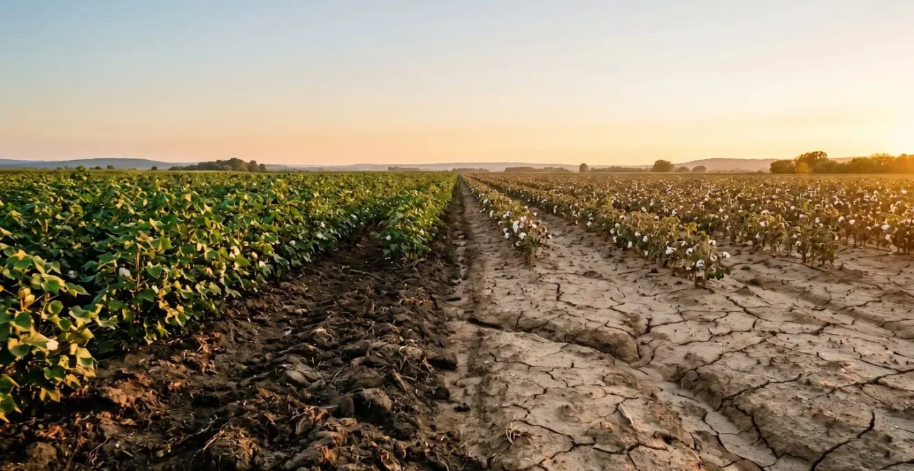 Wide environmental shot showing healthy organic cotton field soil with rich texture and water retention, contrasted with degraded conventional farmland