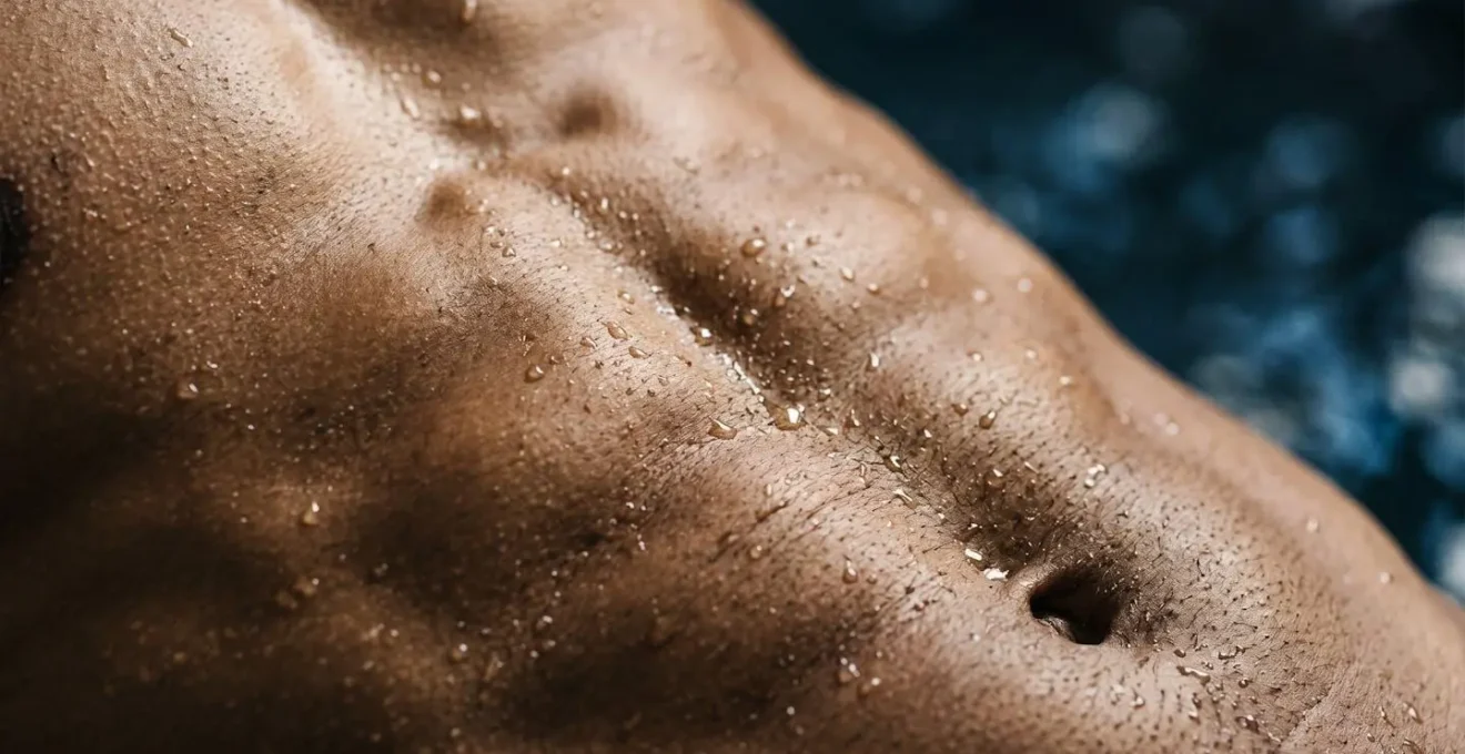 Macro close-up of engaged core muscles showing textural detail and tension during balance exercise