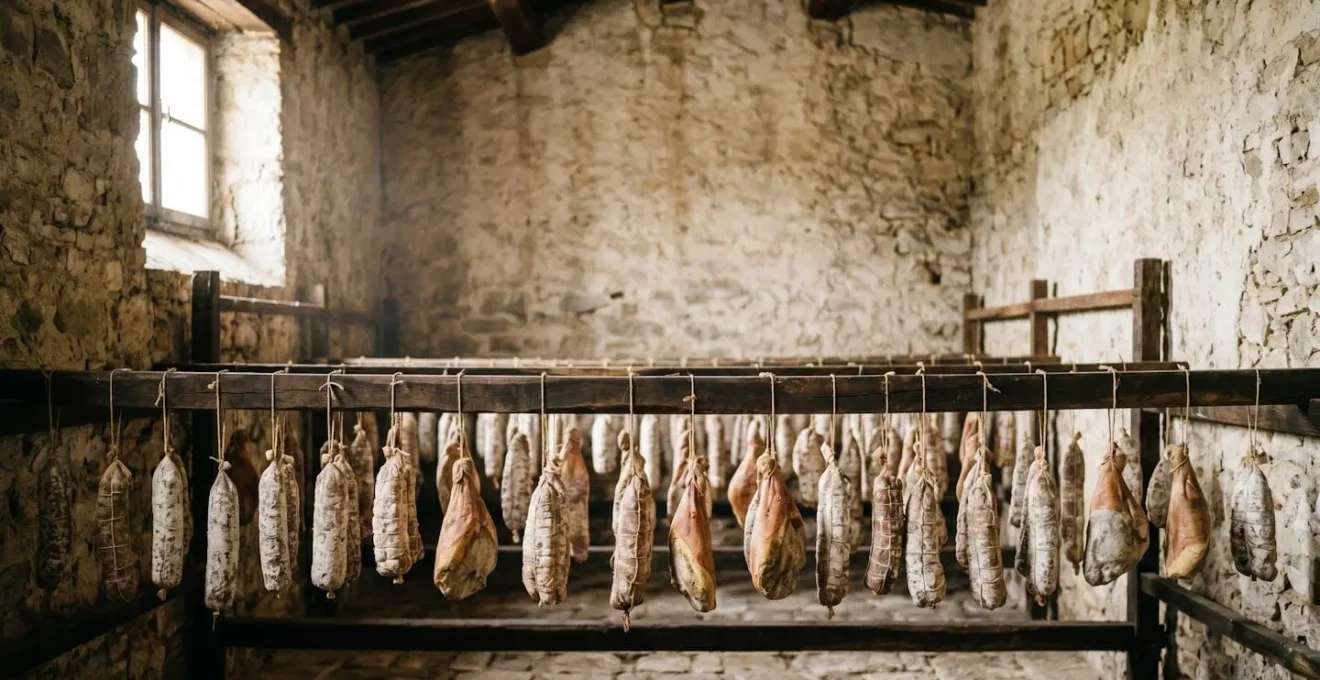 Traditional dry-cured meat in natural aging environment demonstrating proper storage conditions