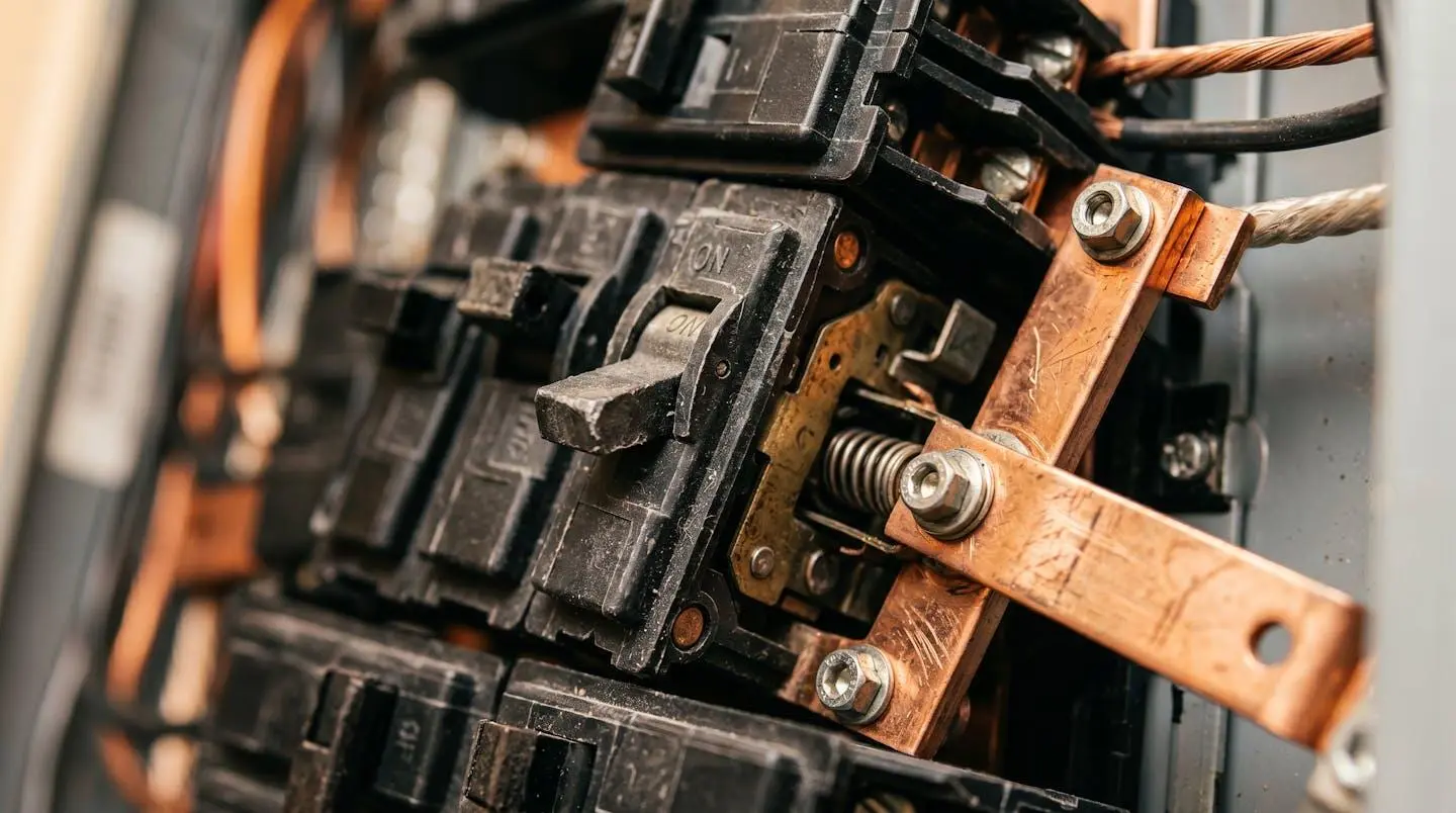 Close-up view of electrical panel circuit breaker installation for EV charging