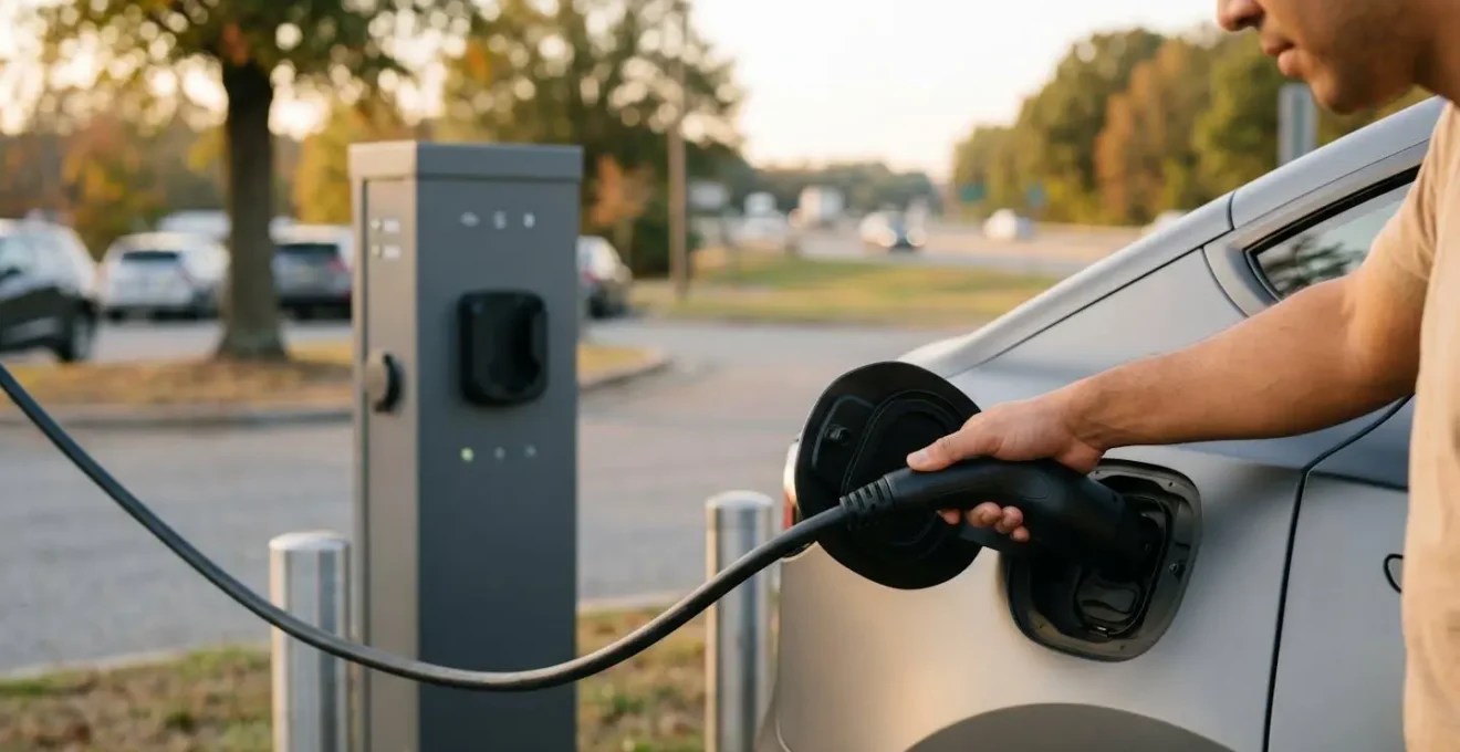 Electric vehicle charging station at highway rest area during road trip