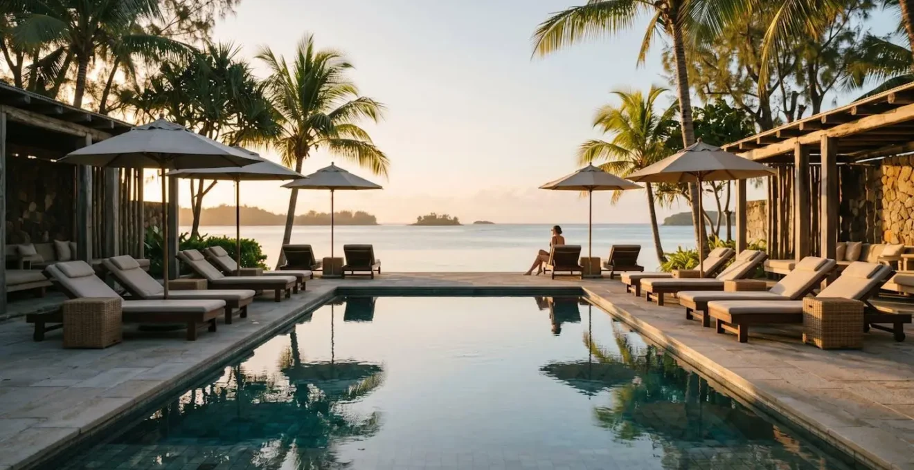 Wide environmental shot of a serene adults-only resort club pool area with private cabanas and tranquil atmosphere