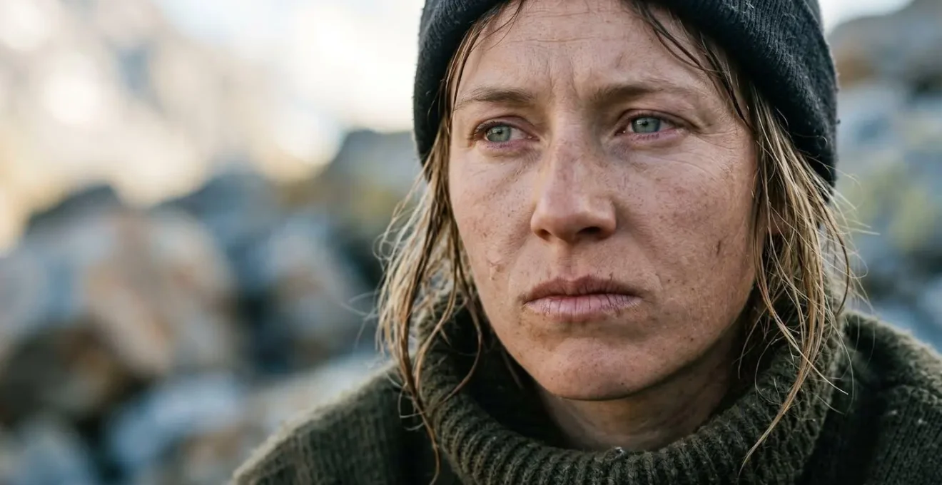 Close portrait of expedition team member with subtle signs of physical distress masked by determined expression