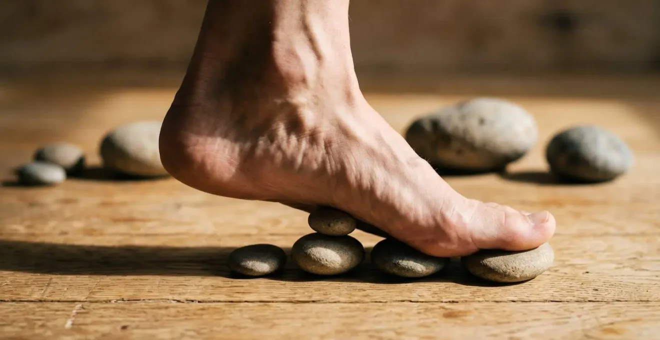 Detailed macro view of foot arch anatomy during weight-bearing showing natural arch support mechanics
