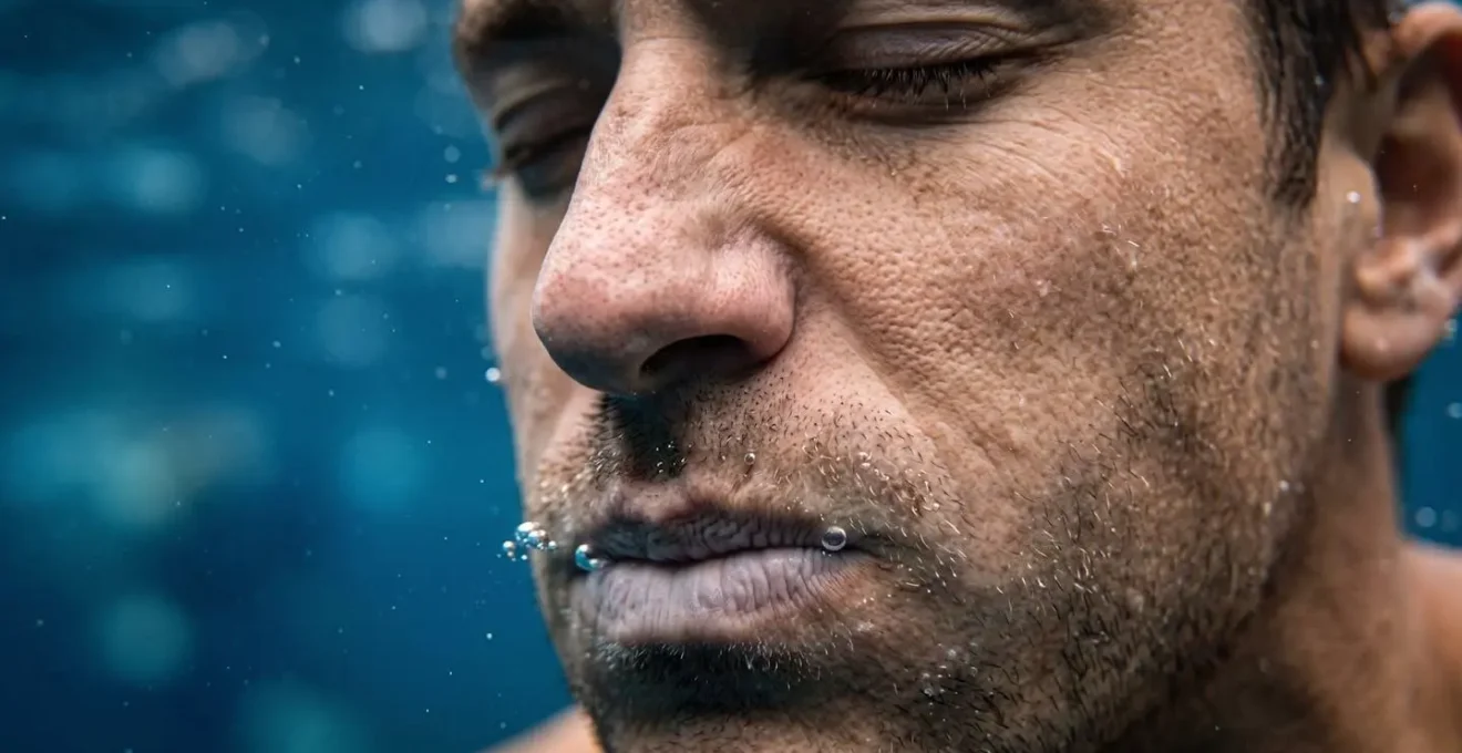 Underwater macro shot of freediver's face during controlled breath-hold exercise showing calm focus