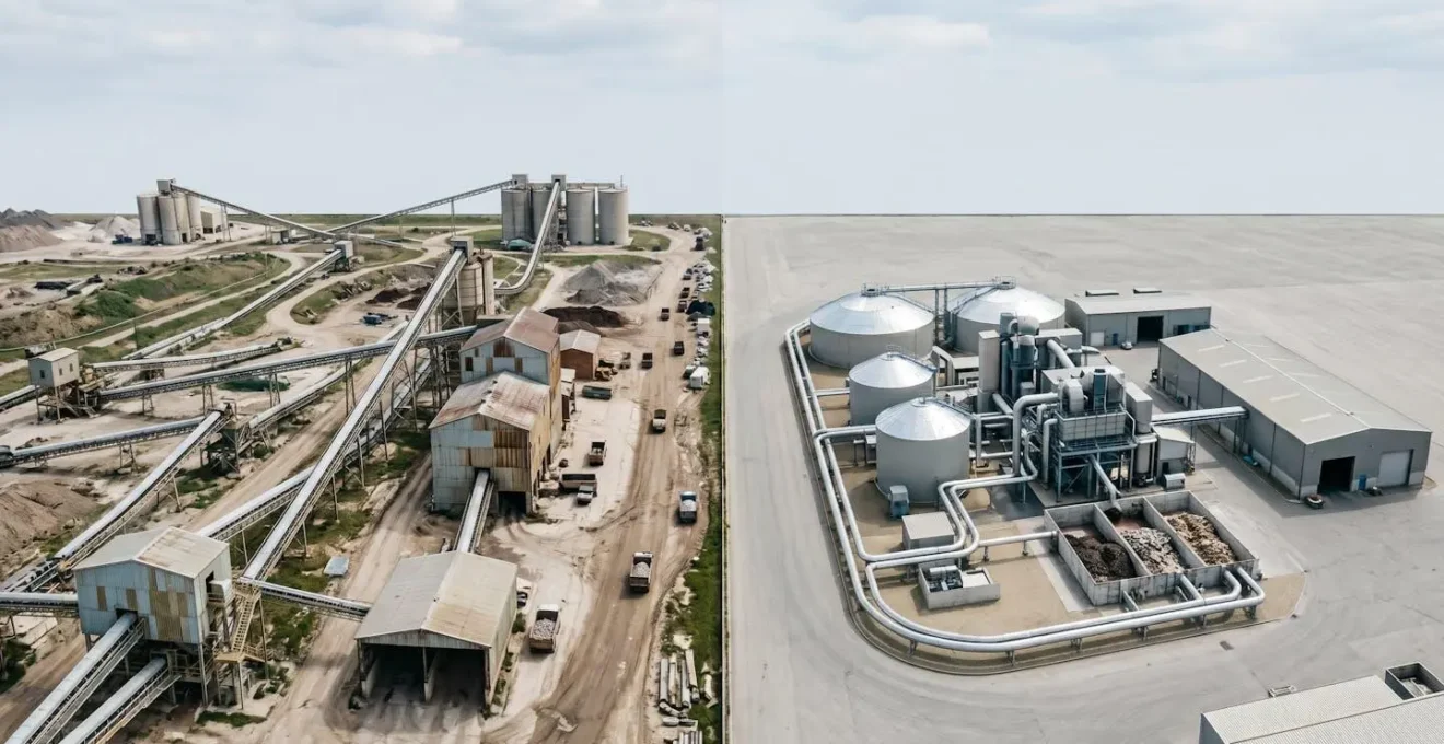 Wide environmental shot showing contrast between fragile linear supply chains and resilient circular local loops