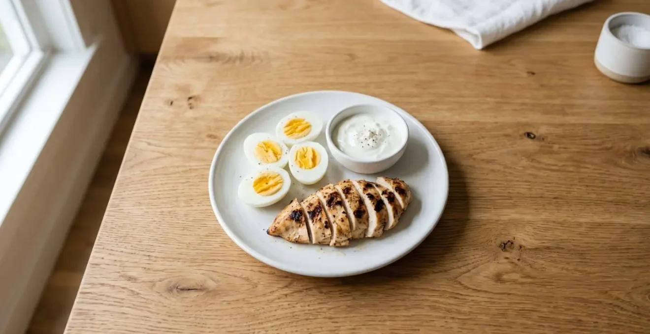 Overhead view of a balanced high-protein meal with chicken, eggs, and Greek yogurt arranged on a clean plate