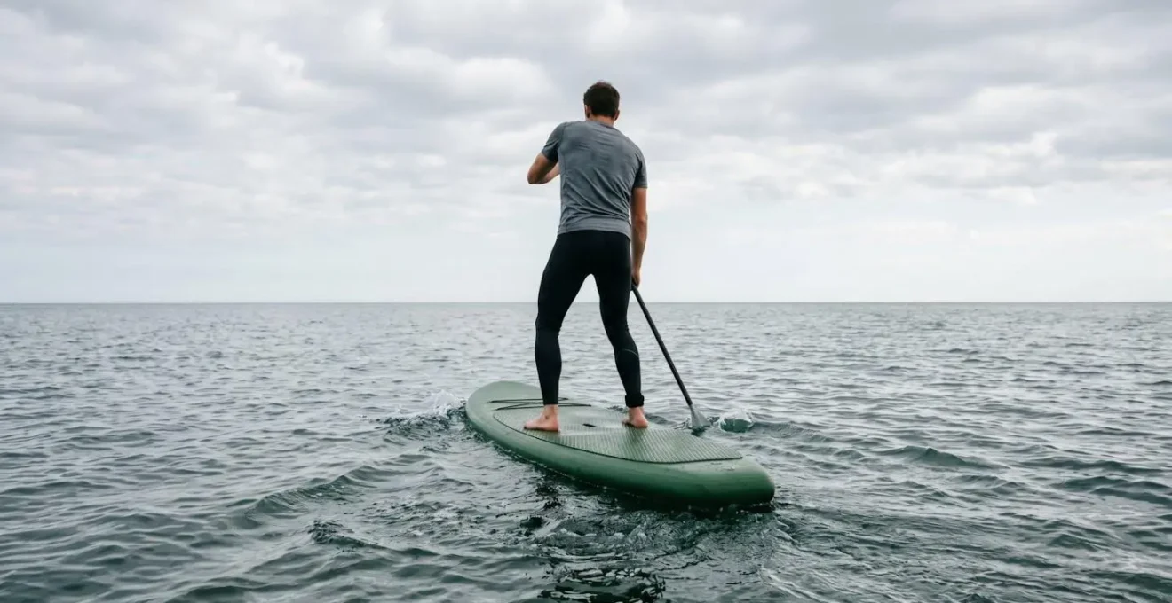 Wide environmental shot of paddleboarder's stance on choppy water demonstrating proper foot positioning and balance